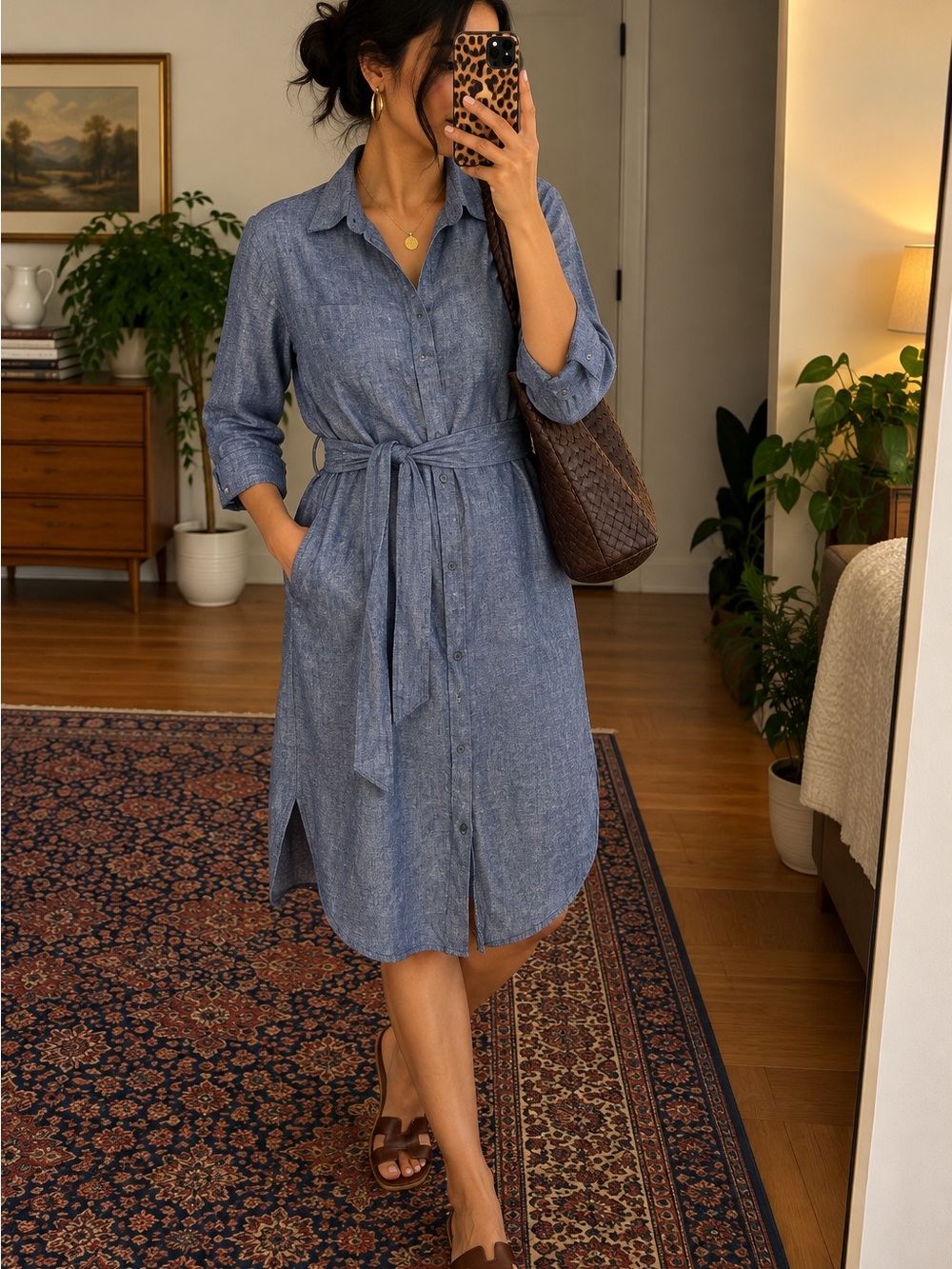 Boden Blue Chambray linen cotton Belted Shirt Dress Size 6